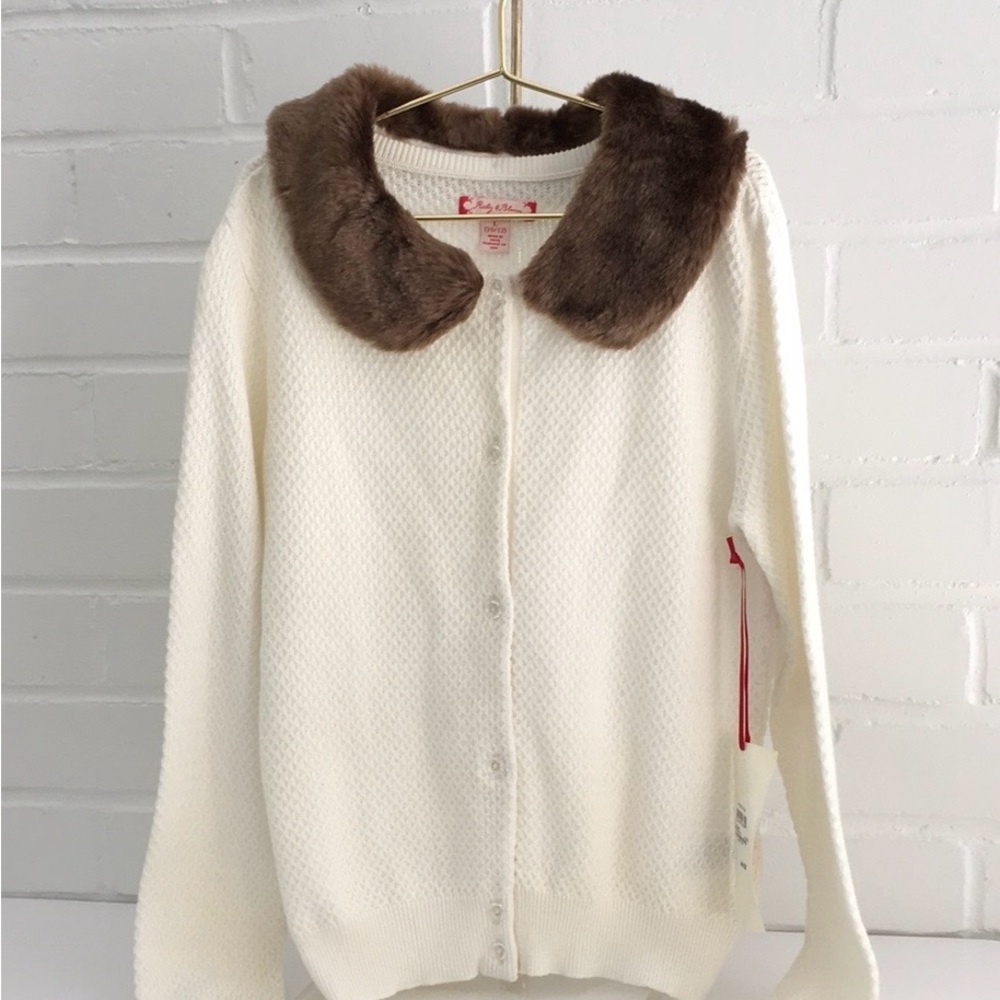nordstroms new with tags girls cream cardigan with detachable faux fur collar